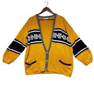 Maria Rodriguez Chicago Wool Blend Oversized Cardigan Mustard Floral Knit L VTG